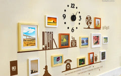 Wooden Photo Frames With Acrylic Wall Clock And Antique Design Wall Sticker For Home Decore.