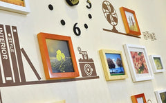 Wooden Photo Frames With Acrylic Wall Clock And Antique Design Wall Sticker For Home Decore.
