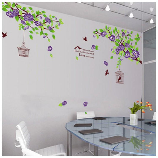 Purple Floral Branches with Hanging Birdcages Removable Wall Sticker Decal