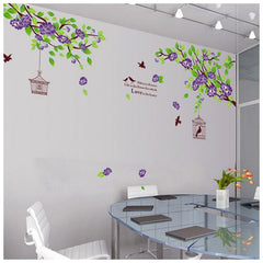 Purple Floral Branches with Hanging Birdcages Removable Wall Sticker Decal
