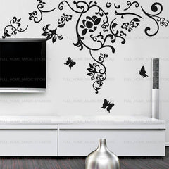 Black Floral Vine and Butterfly Wall Sticker for Living Room
