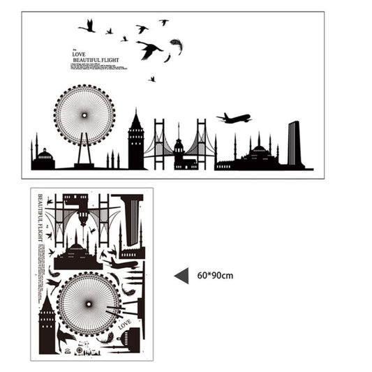 Black City Buildings Wall Sticker JM-7279 Flying Birds PVC Removeable Wall Art Paper