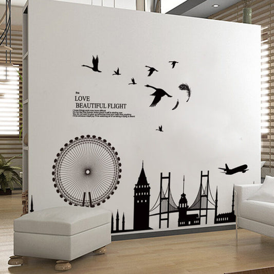 Black City Buildings Wall Sticker JM-7279 Flying Birds PVC Removeable Wall Art Paper