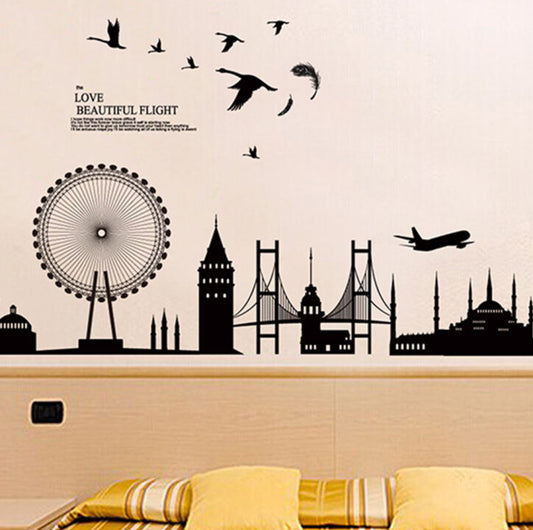 Istanbul Cityscape Ferris Wheel and Airplane Flying Birds Wall Decal