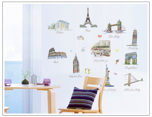COLOURFUL AMERICAN EUROPEAN MONUMENTS STRUCTURES DECORATIVE WALL ART STICKERS  PVC Wall Paper Removeable Wall Decor