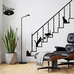 Playful Black Cats On Staircase Railing Removable Wall Sticker Decal
