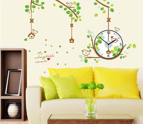 Charming Bird Branch Wall Sticker Clock With Quotes Decals