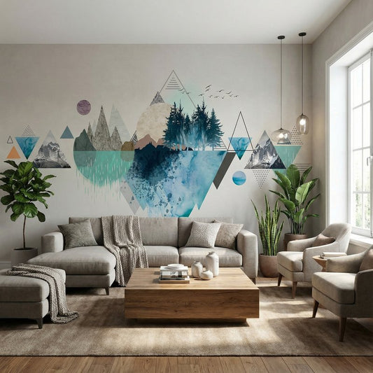 Geometric Triangle Mountains & Planets Wall Sticker Dreamy Removable Design for Living Room & Lobby.