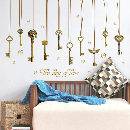 Retro love Hanging keys Vinyl Wall Stickers Hanging Golden Wall Paper PVC Removeable Wall Decor