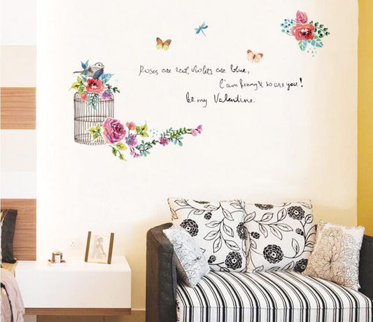 Flowers and Garden Bird Cage Be My Valentine Wall Sticker Colorful Flowers Wall Paper PVC Removeable Wall Decor
