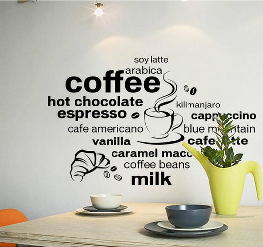 Flavored Coffee Theme Wall Sticker Black Coffee Cup Wall Paper For Kitchen Restaurants Cafe PVC Waterproof Wall Decor