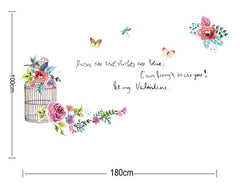 Flowers and Garden Bird Cage Be My Valentine Wall Sticker Colorful Flowers Wall Paper PVC Removeable Wall Decor