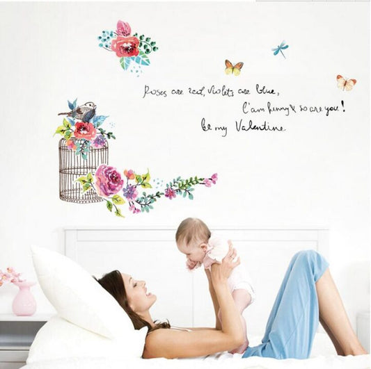 Flowers and Garden Bird Cage Be My Valentine Wall Sticker Colorful Flowers Wall Paper PVC Removeable Wall Decor