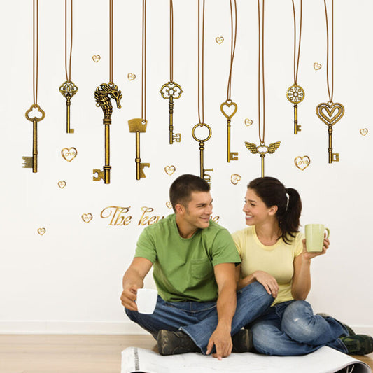 Retro love Hanging keys Vinyl Wall Stickers Hanging Golden Wall Paper PVC Removeable Wall Decor