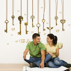 Retro love Hanging keys Vinyl Wall Stickers Hanging Golden Wall Paper PVC Removeable Wall Decor