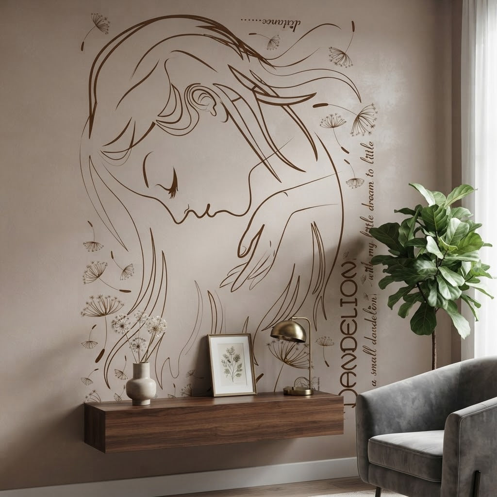 Botanical Woman Face Dandelion Removable Vinyl Wall Sticker Decal