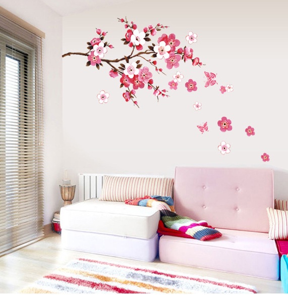 Pink Floral Wall Paper Romantic Flowers Wall Sticker For Home.