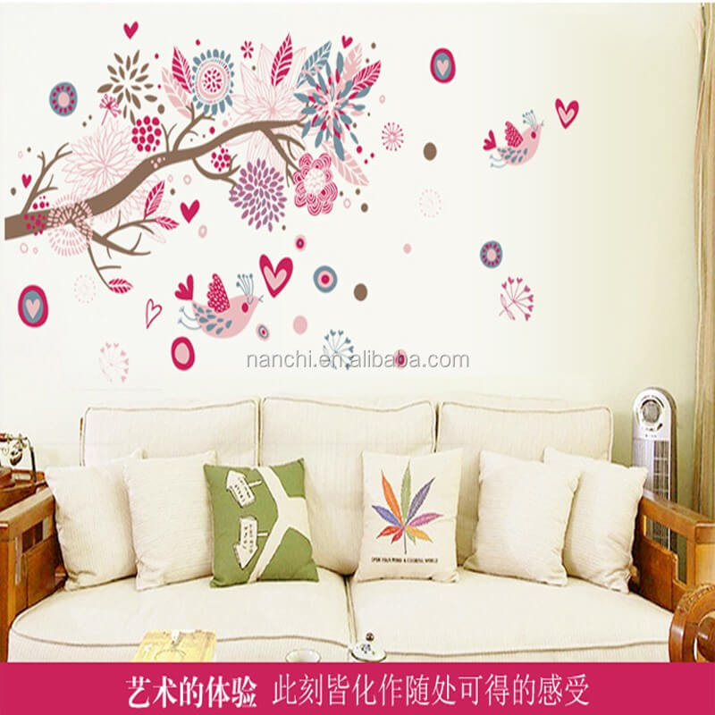 Floral Vinyl Wall Art Colorful Tree Hearts Flowers Birds Wall Sticker