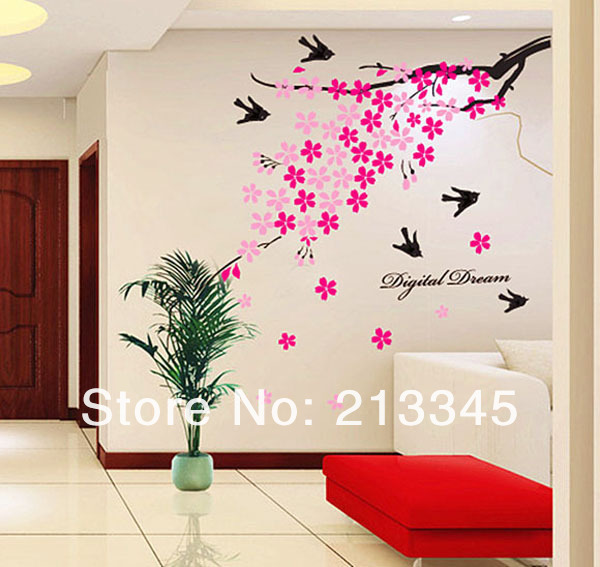 Bird and Flower Wall Sticker Pink Floral PVC Removeable Wall Art.