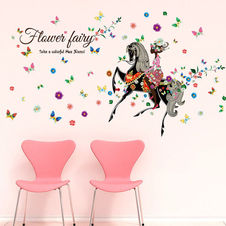 FLOWER FAIRY HORSE Wall Sticker Colorful Butterfly Wall Paper.