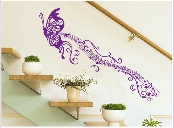 DIY Modern Design Stave Music Purple Butterfly Vinyl Wall Sticker.