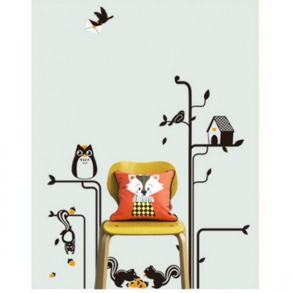 A Squirrel and Owl Wall Sticker Bird House Wall Paper For Home.