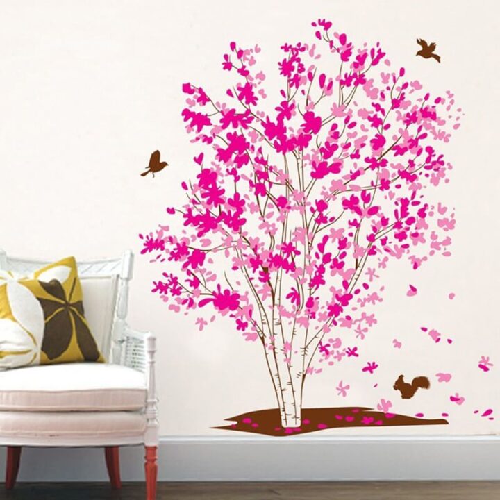 Pink Flower Tree Bird Decals Home Decor Wall Sticker Floral Wall.