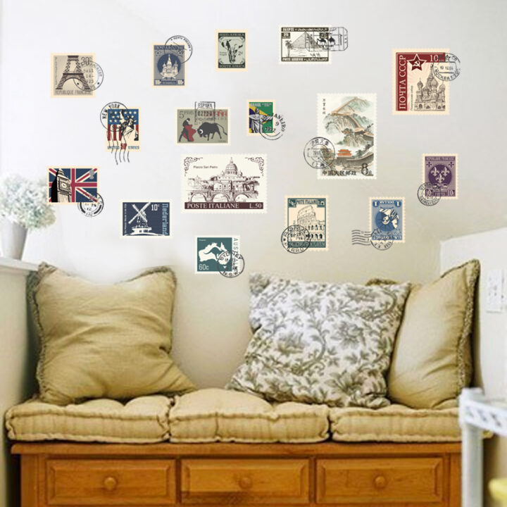 Multiple Stamps Wall Sticker Traveling Wall Paper PVC Wall Art.