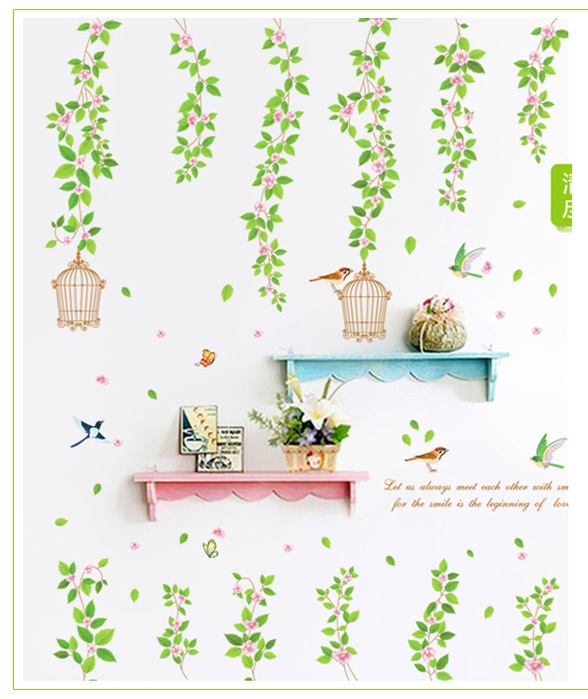 Floral Hanging Branches With Bird Cage Wall Sticker Home Decal.