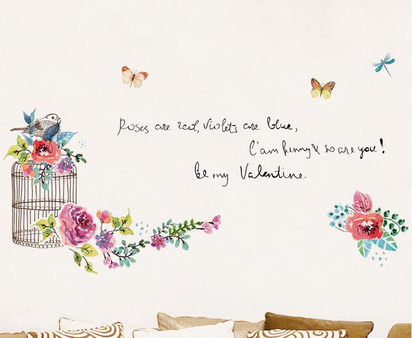 Flowers and Garden Bird Cage Be My Valentine Wall Sticker.