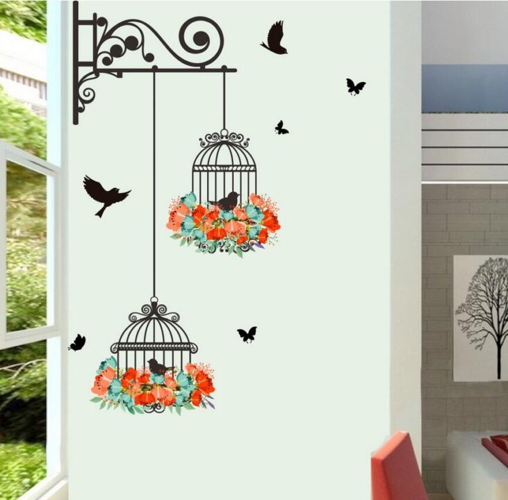 Two Cages Wall Sticker Floral Hanging WallPaper For Home Decor
